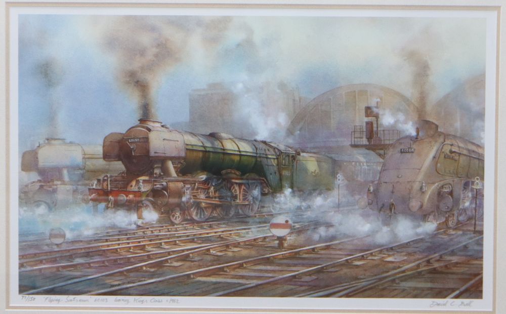 David C Bell, limited edition print, Flying Scotsman leaving Kings Cross, signed in pencil, 77/150, overall 36 x 58cm